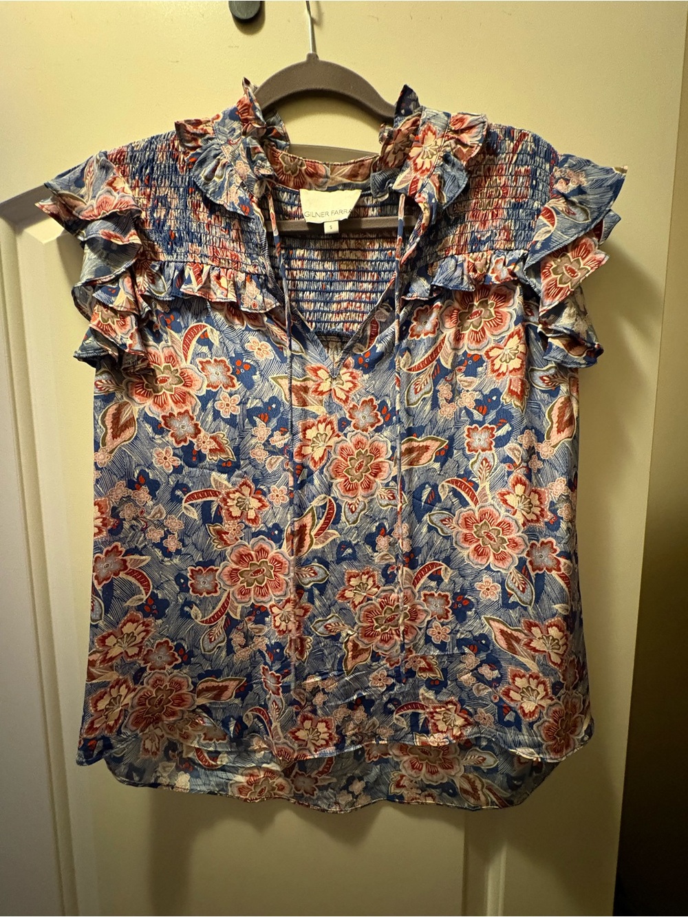 Smocked Ruffle Floral Blouse - Blue Multi